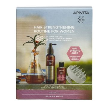 Apivita Promo Pack Hair Strengthening Routine for Women, Λοσιόν κατά της Τριχόπτωσης 150ml & Δώρο Apivita Women's Tonic Shampoo Τονωτικό Σαμπουάν 75ml & Δώρο Scalp Brush Massager