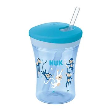 Nuk Action Cup 12m+ Εκπαιδευτικό Κύπελλο με Καλαμάκι, 230ml – Μπλε- Μαϊμού