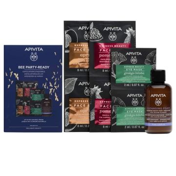 APIVITA Promo Bee Party-Ready με Face Scrub Apricot 2x8ml, Face Mask Pomegranate 2x8ml, Eye Mask Ginkgo Biloba 2x2ml & Cleansing Foam 75ml