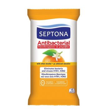 Septona Αντιβακτηριδιακά Μαντηλάκια Χεριών με Άρωμα Πορτοκάλι 15τμχ