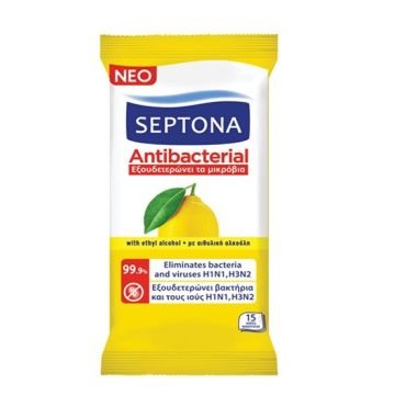 Septona Antibacterial Lemon Αντιβακτηριδιακά Μαντηλάκια Καθαρισμού Με Άρωμα Λεμόνι 15τμχ