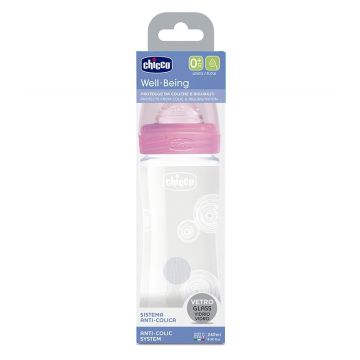 Chicco Well Being Anti Colic System Γυάλινο Μπιμπερό Χωρίς BPA με Σύστημα Κατά των Κολικών, Θηλή Σιλικόνης 0+ Μηνών ροζ 240ml
