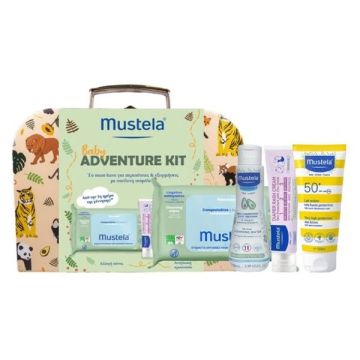 Mustela Baby Adventure Kit με Μωρομάντηλα 60τμχ + Κρέμα Αλλαγής Πάνας 50ml +Αντηλιακό Γαλάκτωμα Spf50+ 40ml + Νερό Καθαρισμού 100ml