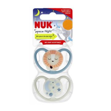 Nuk Space Night Πιπίλες Σιλικόνης 0-6m Λιοντάρι & Φεγγάρι 2τμχ