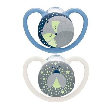 Nuk Space Night Πιπίλες Σιλικόνης 0-6m Γατούλα & Μέλισσα Μπλε 2τμχ
