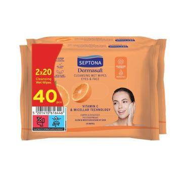 Septona Daily Clean Micellaire Μαντηλάκια Ντεμακιγιάζ Προσώπου Ματιών Με Βιταμίνη C Για Κανονικές & Μεικτές Επιδερμίδες 2x20τμχ